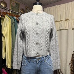 Francesca's Soft Gray Knit Sweater with Bow Accents